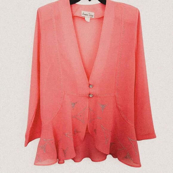 Vintage Y2K Hot Pink Rhinestone semi sheer Cardigan Silver Sparkle Sz M - Picture 1 of 6